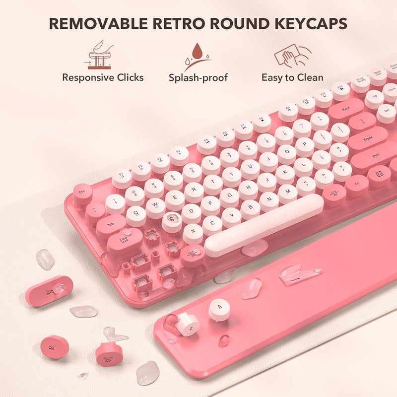 SABLUTE Wireless Keyboard and Mouse Combo, Retro Keyboard with Round Keycaps, Full-Size Typewriter Style Keyboard with Detachable Wrist Rest, 2.4GHz Only Cordless Connection for Windows/PC/Laptop (Baby Pink) - Image 3
